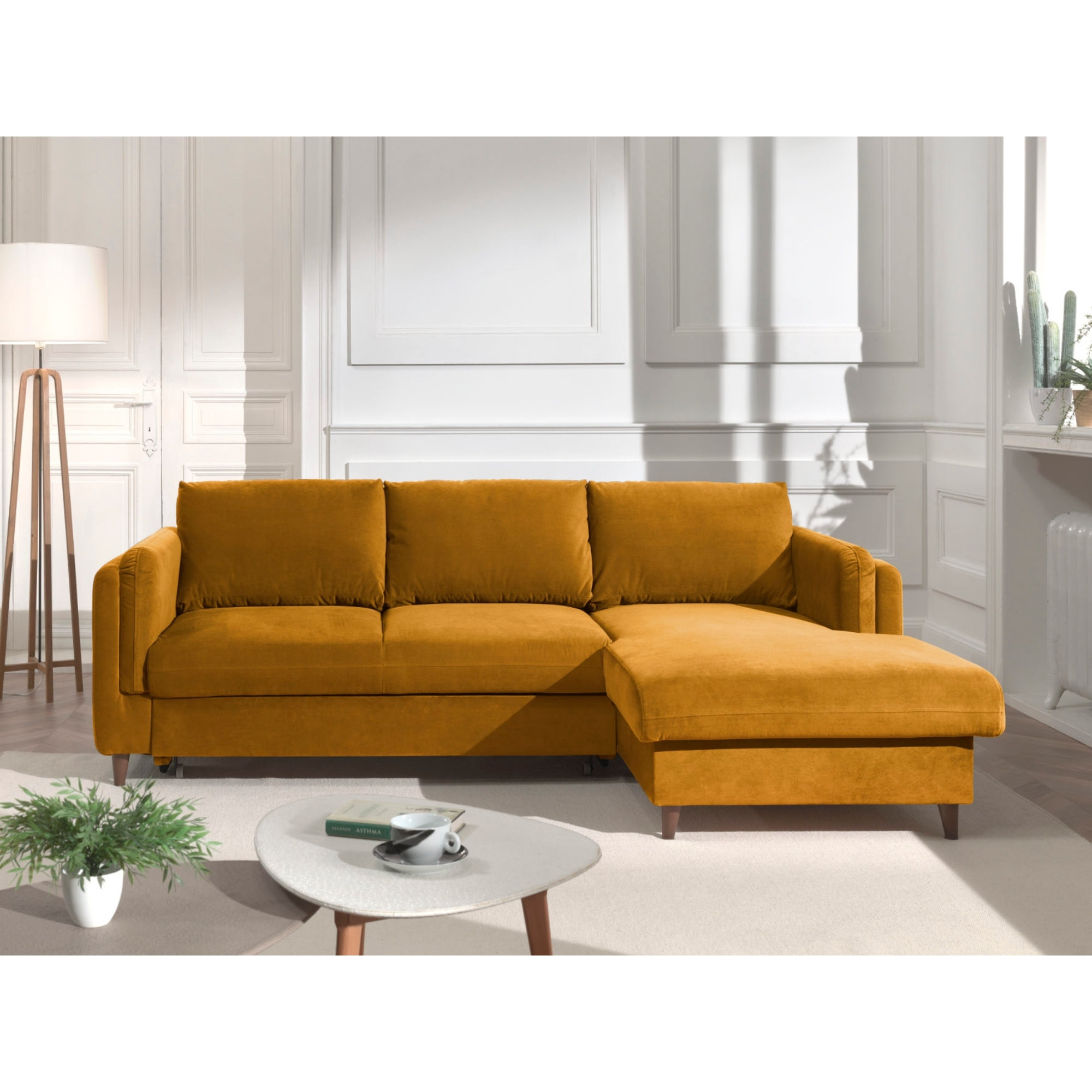 Brooke - canapé d'angle droit - convertible avec coffre - 4 places - en velours - Jaune