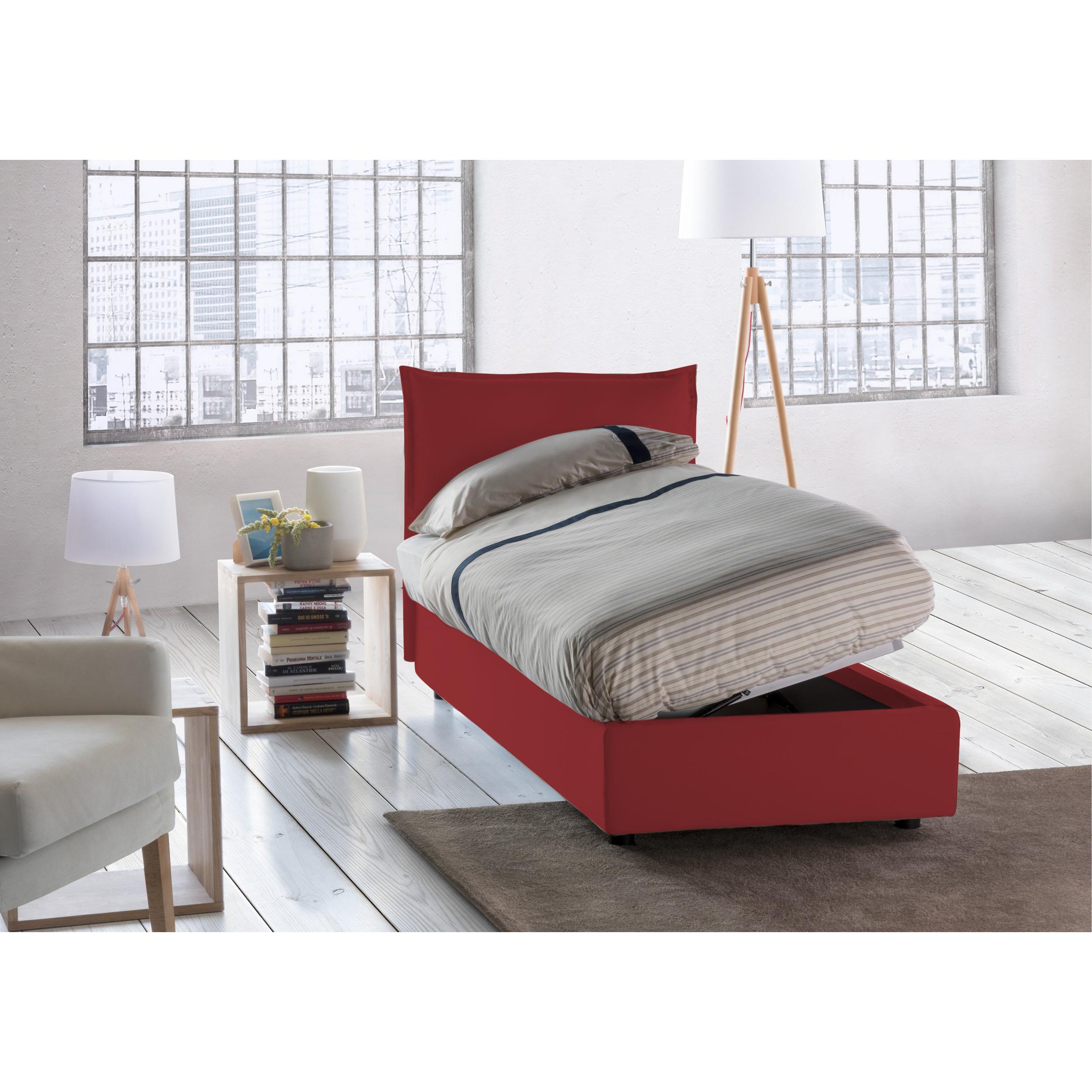 Letto singolo Luna, Letto contenitore con rivestimento in tessuto, 100% Made in Italy, Apertura laterale, adatto per materasso Cm 80x190, Rosso