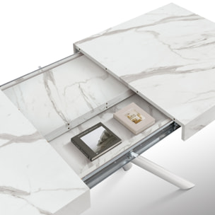 Tavolo CARRARA in legno, finitura bianco statuario e gambe in metallo bianco, allungabile 160x90 cm - 240x90 cm