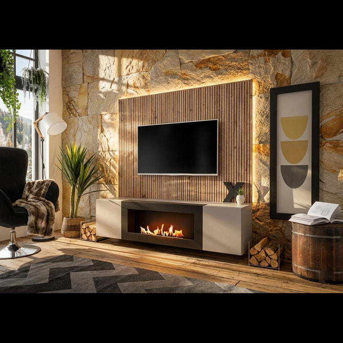 Parete Attrezzata Moderna Con Biocamino E Pannello Listellato Per Tv Mobile 2 Ante Ribalta E Pensile Per Soggiorno 200 x 35 x 148 Cm Grigio E Rovere