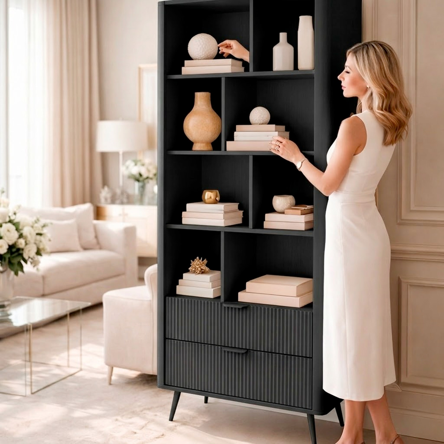Libreria Moderna a Giorno Con Design Geometrico Asimmetrico Salvaspazio Studio E Ufficio 88.2 x 38 x 193,8 cm Nero