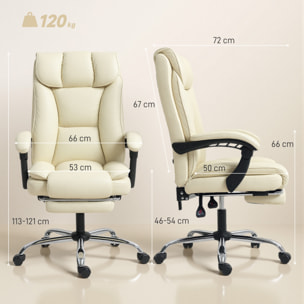 Silla de Escritorio con Reposapiés, Silla de Oficina Giratoria, con Respaldo Reclinable y Alto, Acolchado Grueso Doble, Tapizada en Cuero Sintético Resistente, Altura Ajustable, Beige