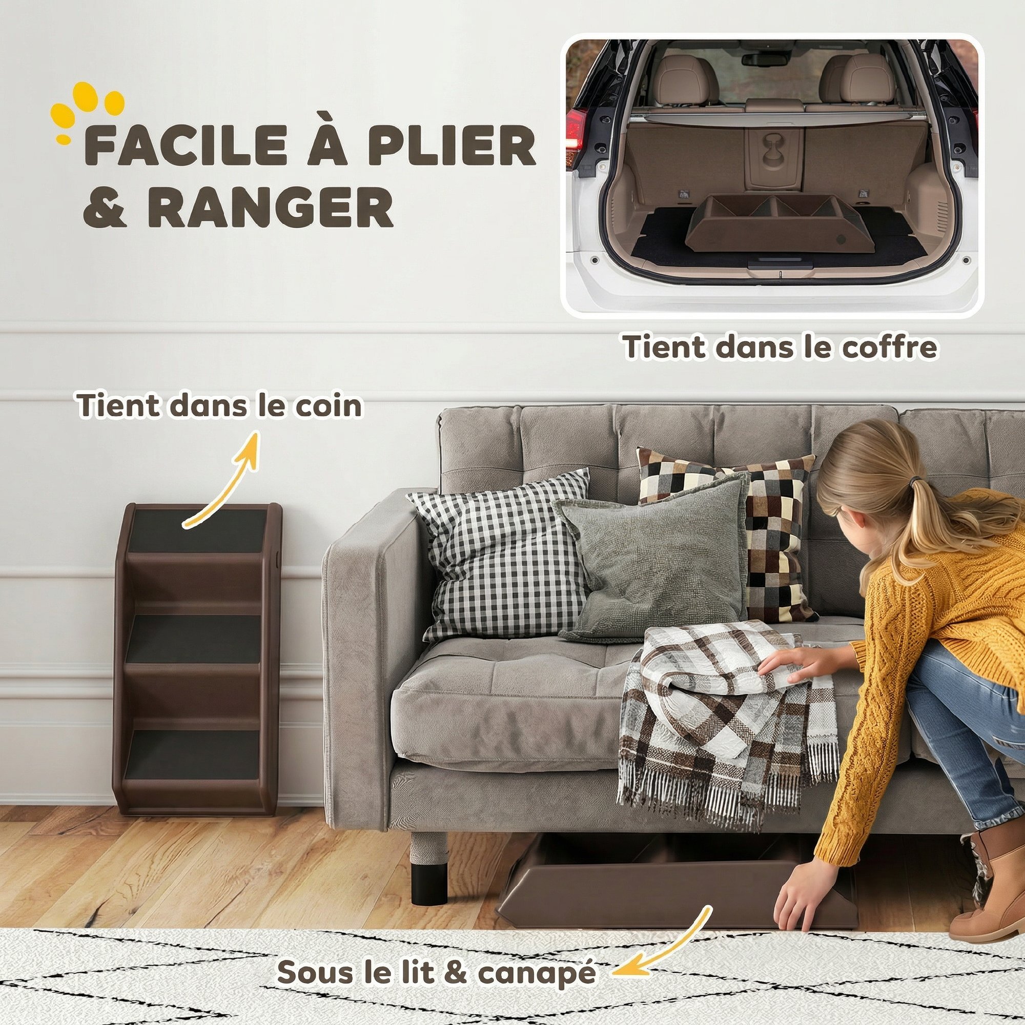 Escalier pour chien pliable - 3 marches antidérapantes - max. 10Kg - PP noir chocolat