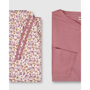 Pigiama lungo in cotone con scollo a v, stile giungla rosa