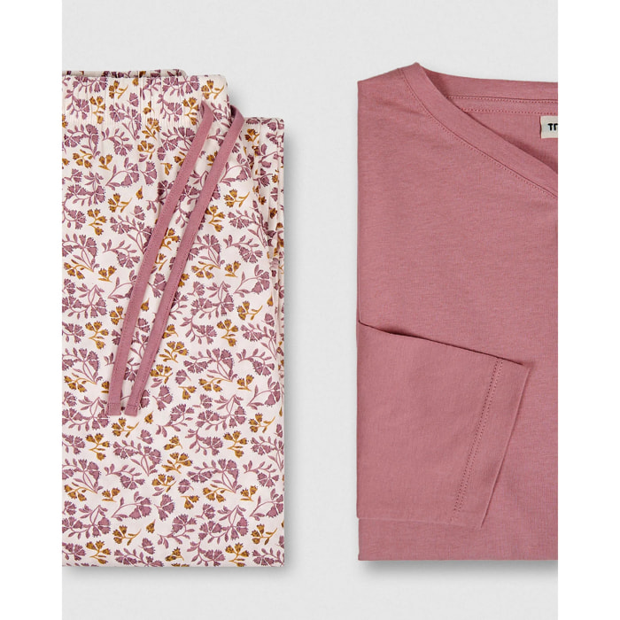Pigiama lungo in cotone con scollo a v, stile giungla rosa