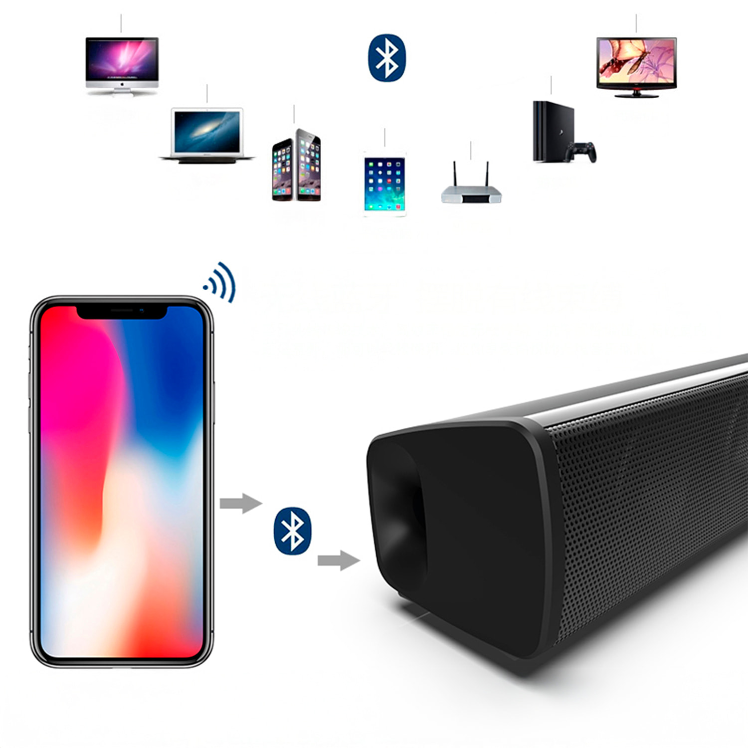 Soundbar 4.0 BS-28B. Bluetooth 4.2, ingresso RCA, ausiliario, Micro SD e radio FM. Con telecomando.