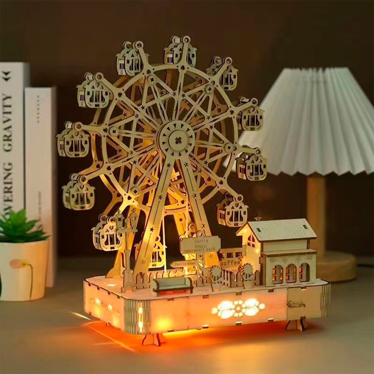 Maqueta de Madera 3D, diseño de Noria con movimiento mecánico, música y luces. 133 piezas.