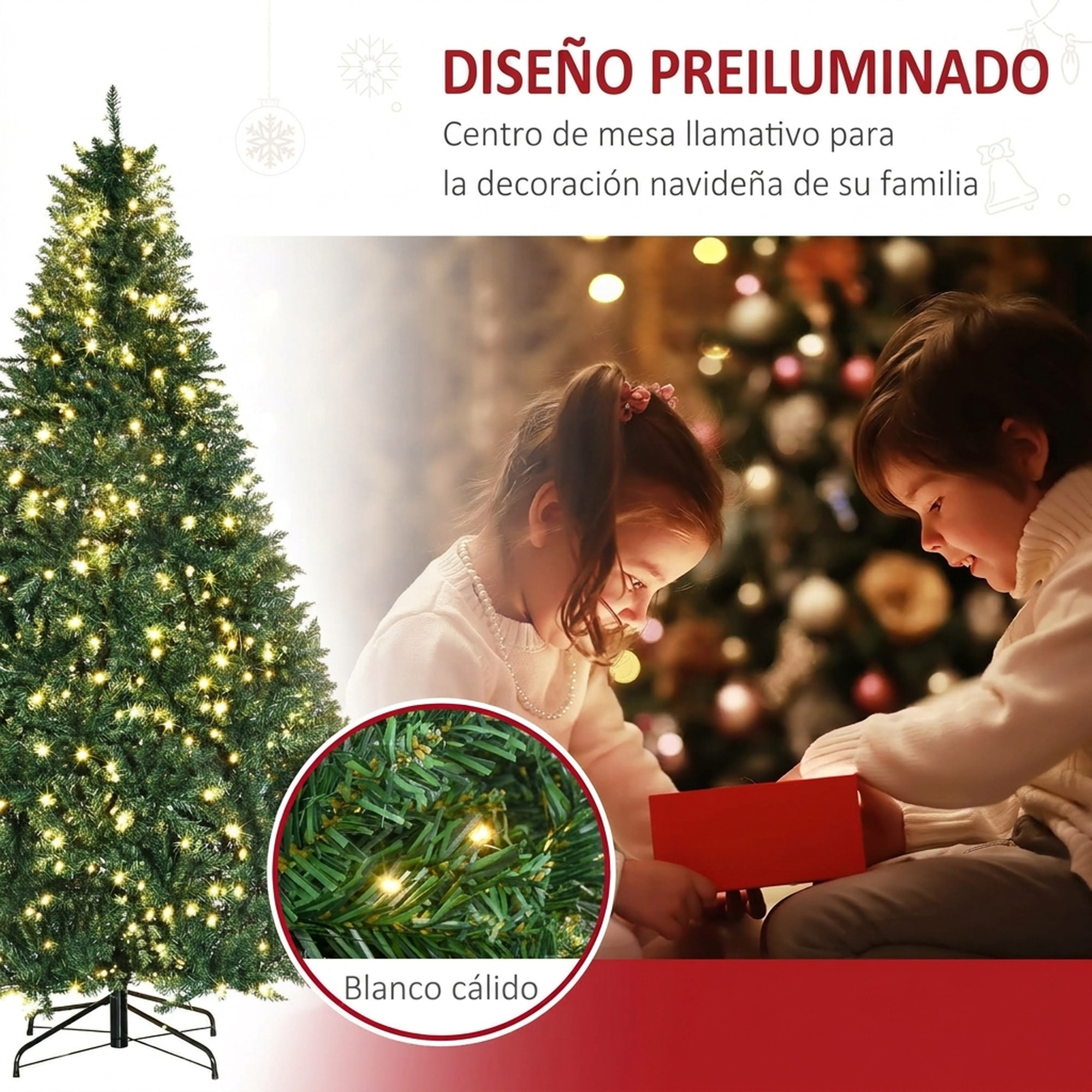 HOMCOM Árbol de Navidad con 700 Luces LED Blanco Cálido, 210 cm, Árbol de Navidad Artificial con 2154 Ramas de PVC Ignífugo, Soporte Metálico Plegable, Verde