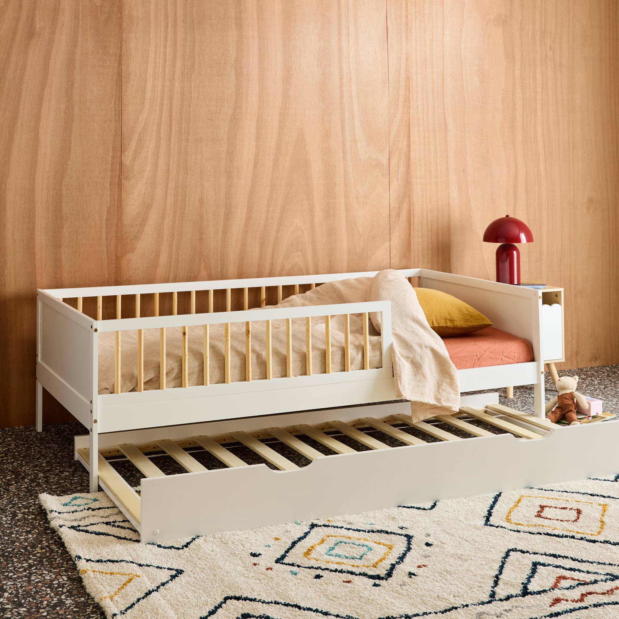 Lit gigogne enfant 90 x 190 cm pin naturel  avec sommier à lattes et tiroir ELIO