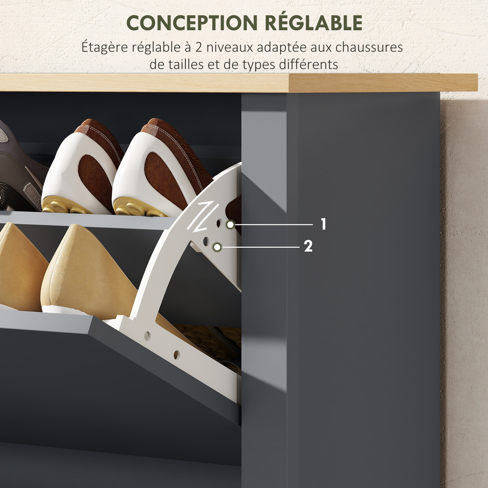 Armoire à chaussures 2 portes abattantes 2 compartiments anthracite naturel