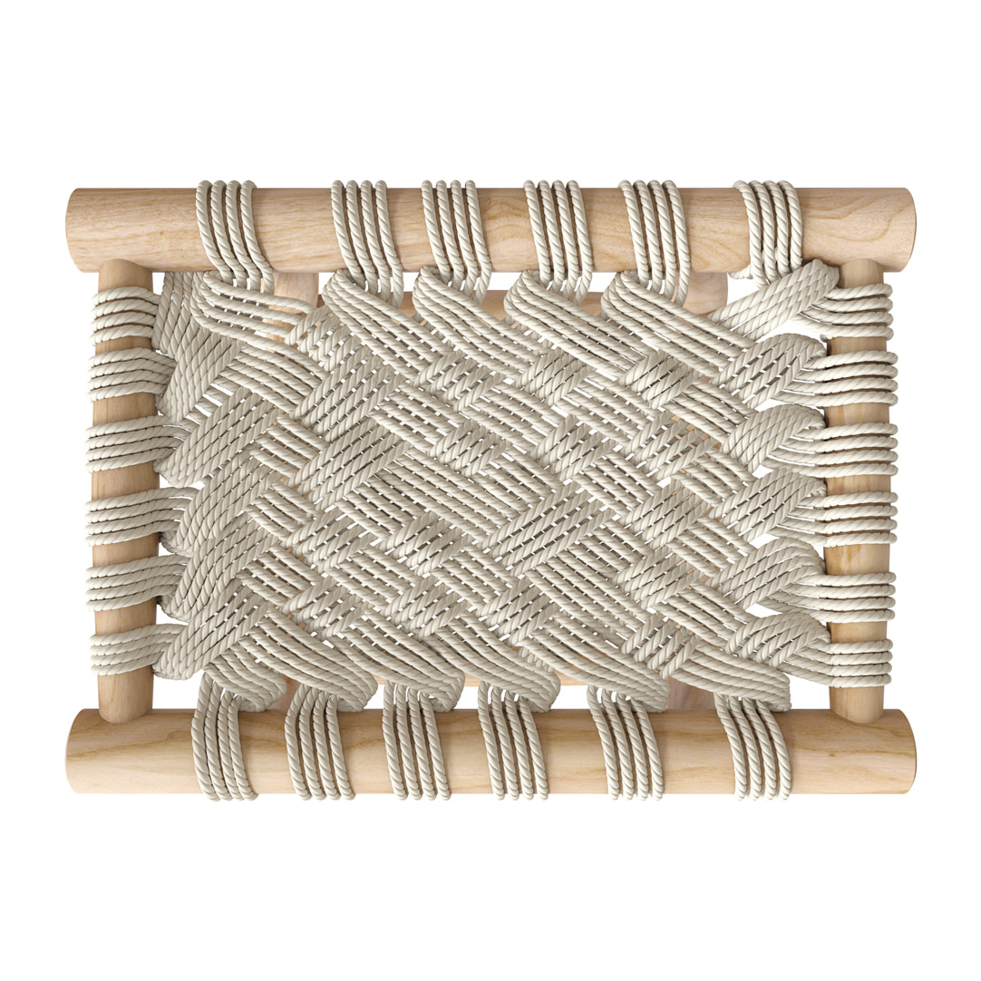 Tabouret tressé blanc en macramé et branche de teck - Kira