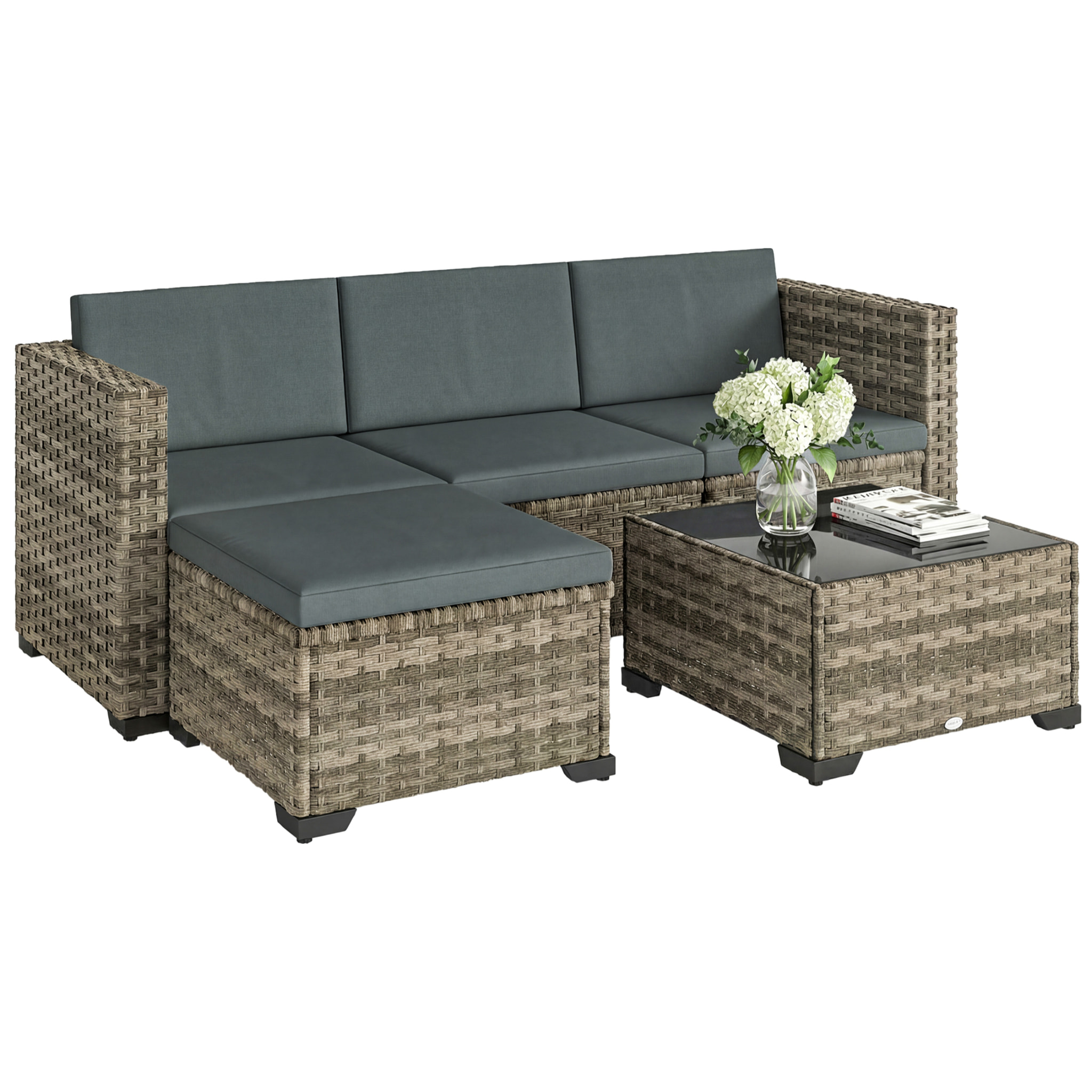 Conjunto de Jardín de Ratán de 5 Piezas, Conjunto Terraza Resistente, Muebles Jardín Exterior Incluye Cojines, 2 Sillones de Esquina, Sillón sin Brazos, Reposapiés y Mesa Centro, Gris Oscuro