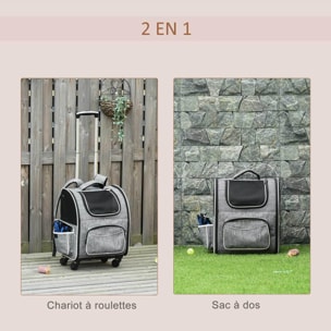 2 en 1 trolley chariot sac à dos sac de transport à roulettes pour chien chat gris