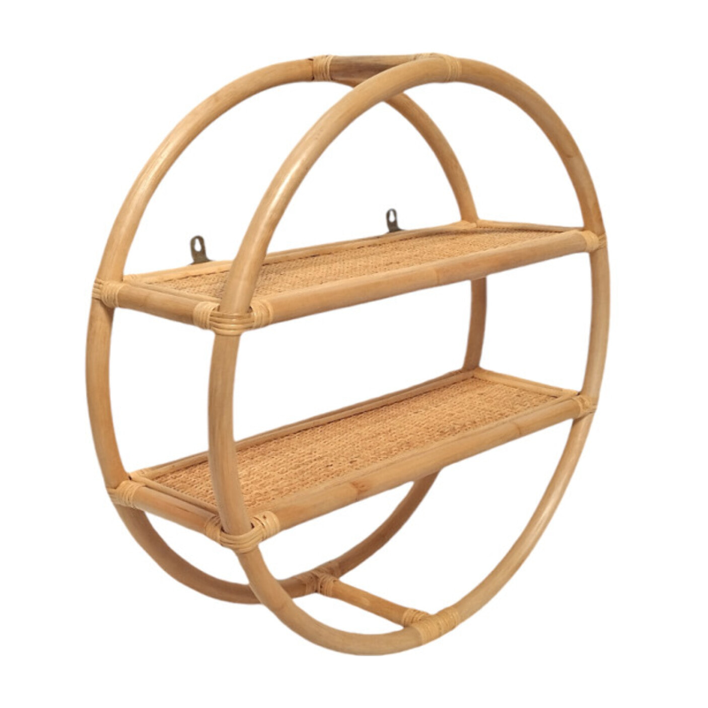 Etagère murale ronde D. 60 cm en rotin naturel avec 2 tablettes - VIVIA