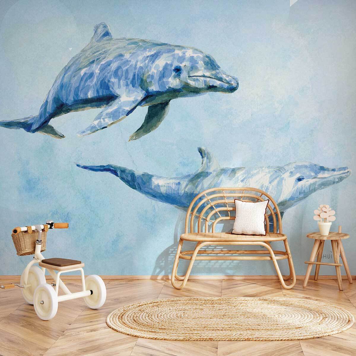 Papier peint dauphins aquarelle bleu océan ambiance marine Intissé
