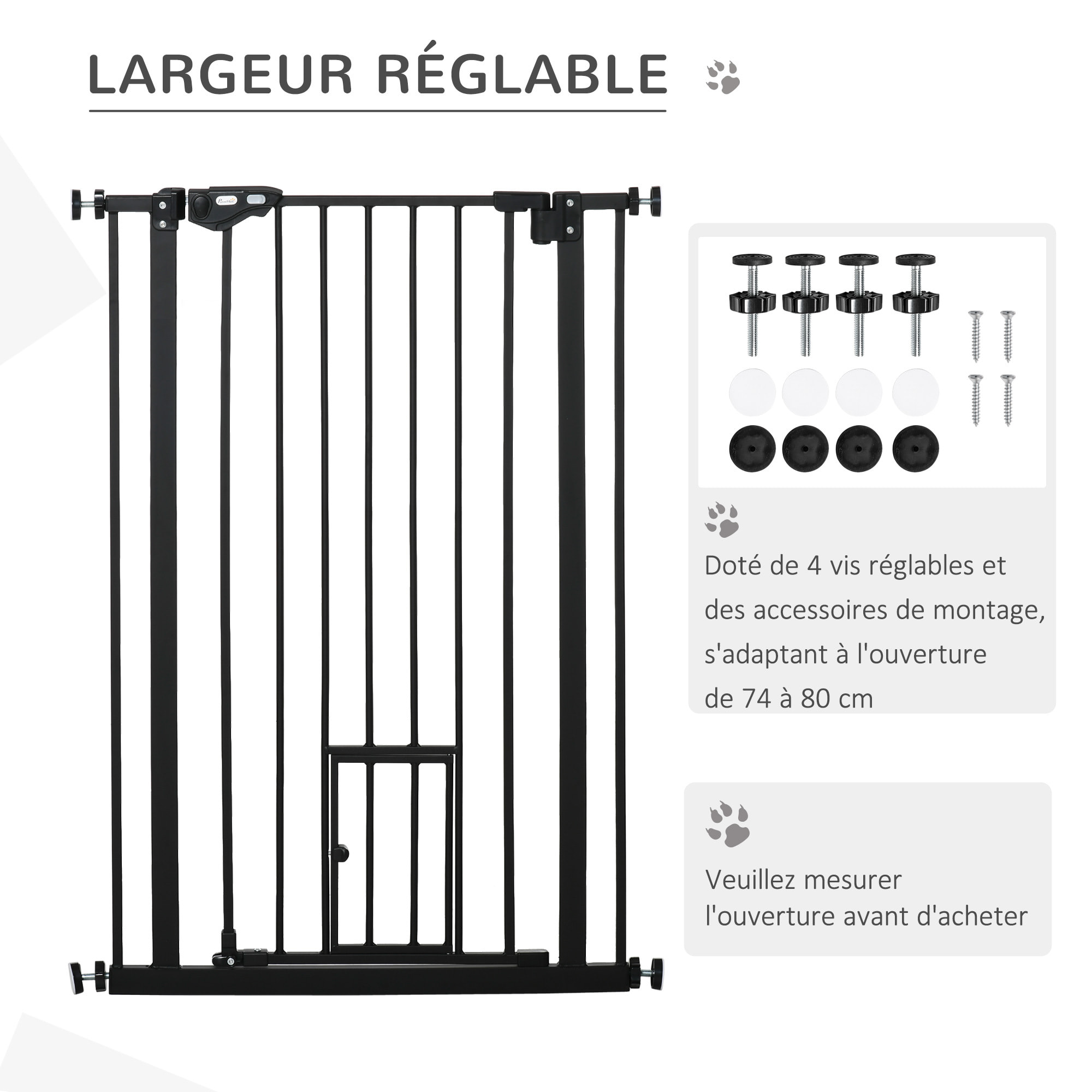 Barrière de sécurité animaux - longueur réglable dim. 74-80 cm - porte double verrouillage, ouverture double sens, petite porte -sans perçage - acier plastique noir