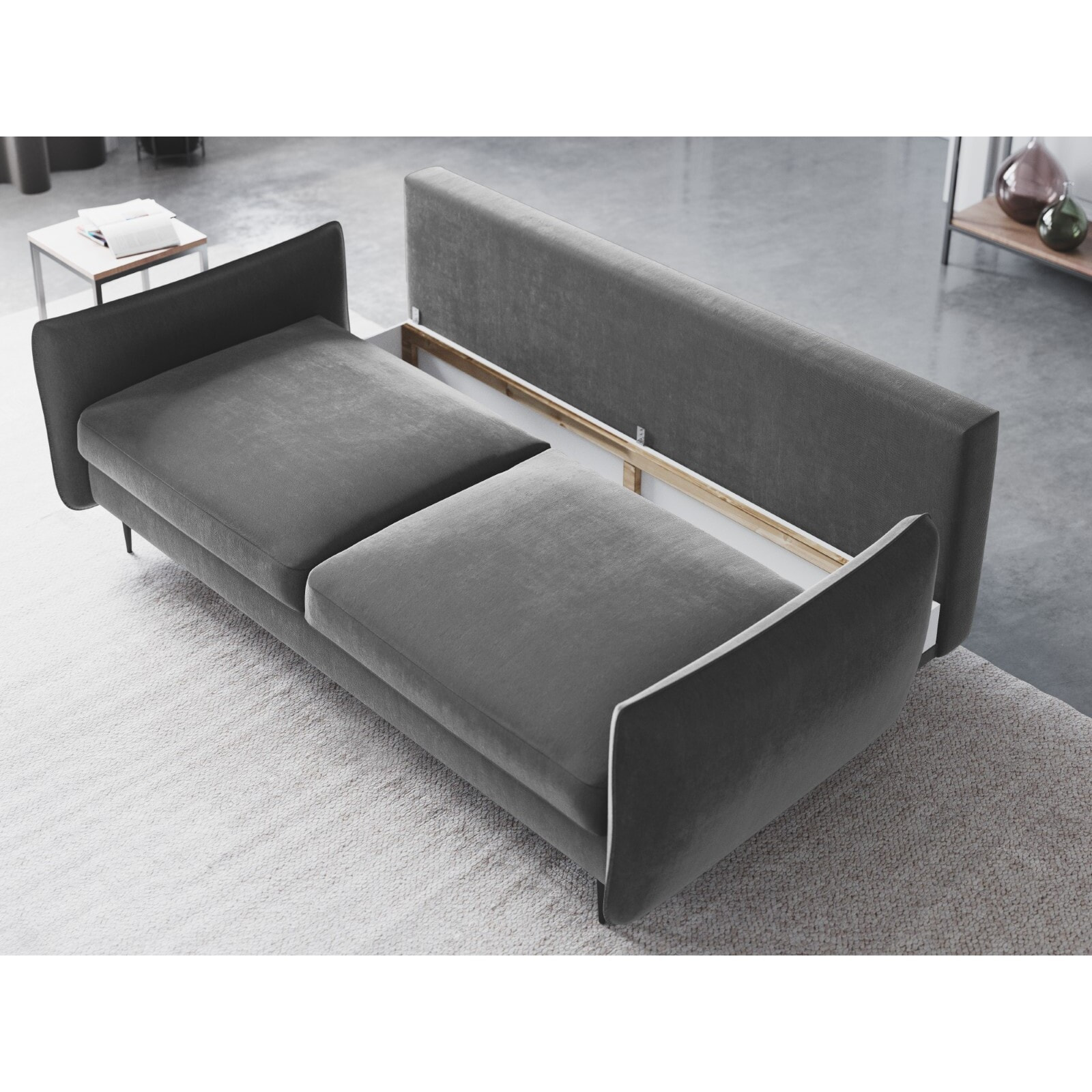 Canapé convertible avec coffre de rangement "Vermont" 3 places en velours gris clair