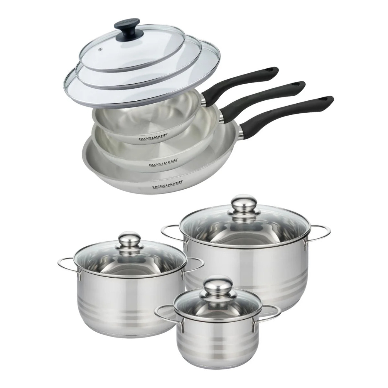 Set de 3 poêles 20 24 et 28 cm en inox et couvercles, 3 faitouts inox 16, 20 et 24 cm Fackelmann Geneva