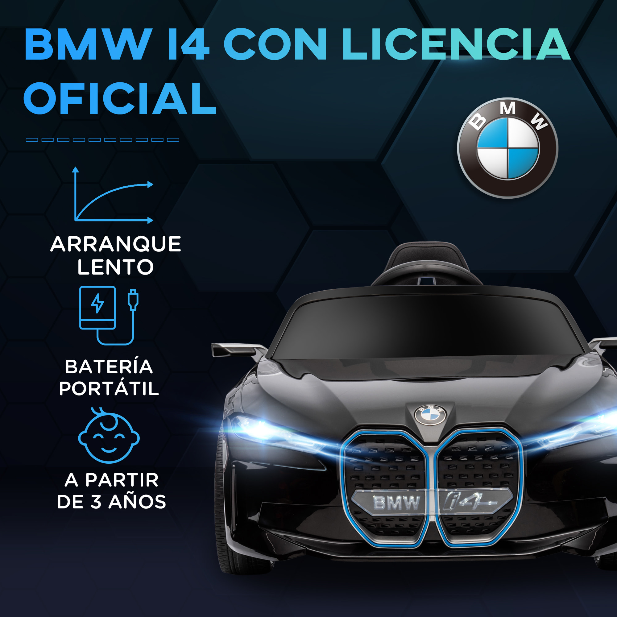 Coche Eléctrico para Niños 37-72 Meses Autorización BMW I4 Coche de Batería 12V con Control Remoto Música MP3 Pantalla Luces y Cinturón de Seguridad 115x67x45 cm Negro