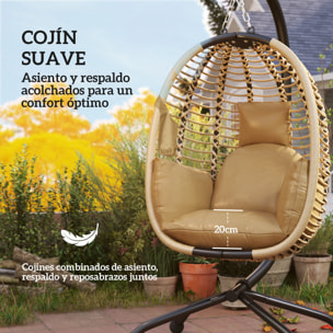 Silla Colgante Huevo con Soporte Columpio de Jardín Exterior con Cesta Plegable Reposacabezas Cojín Bolsillo Lateral Columpio Colgante para Interior y Exterior Carga 120 kg Beige