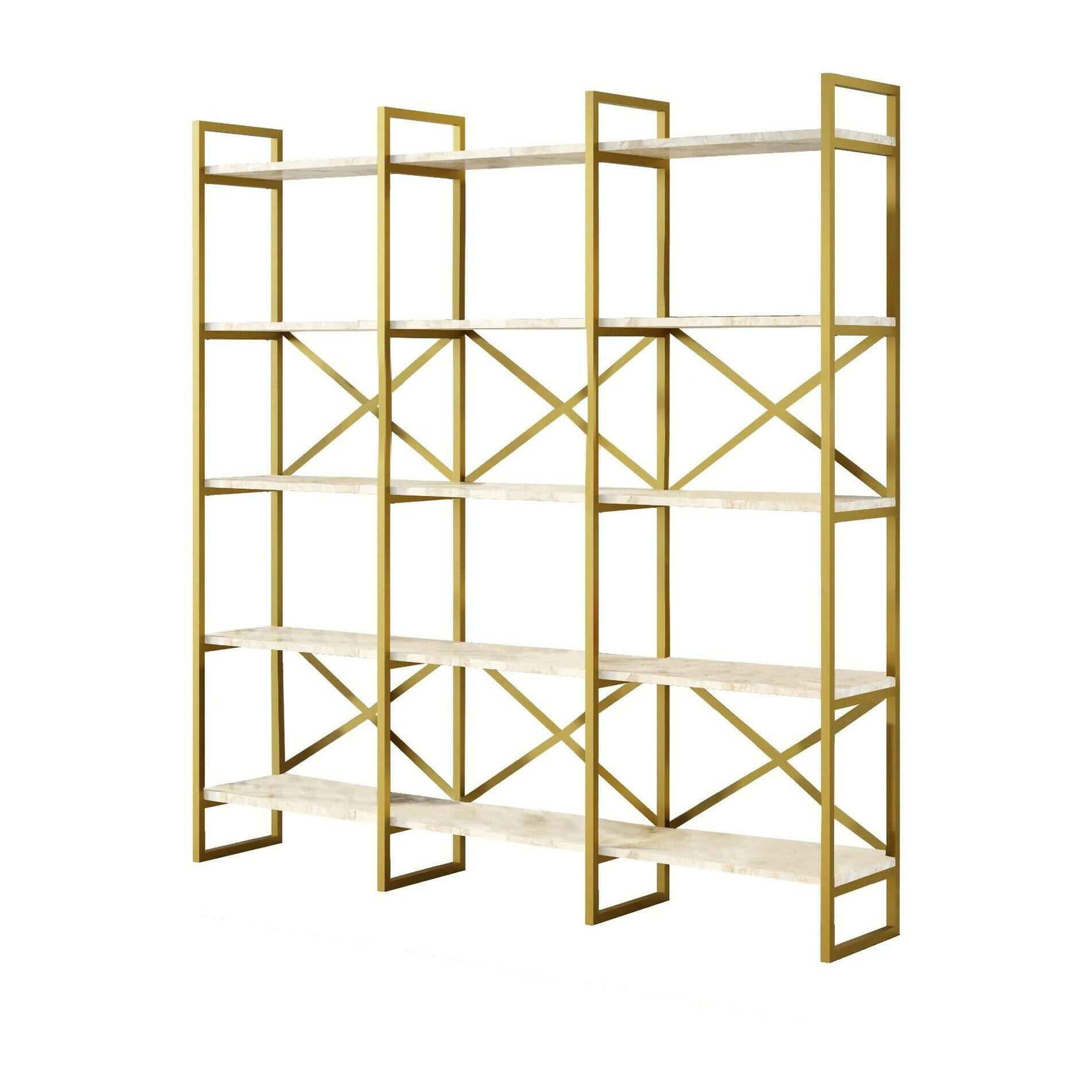 Libreria Dpezzott, Scaffale da ufficio, Mobile portalibri, Biblioteca, 170x30h175 cm, Bianco e Oro