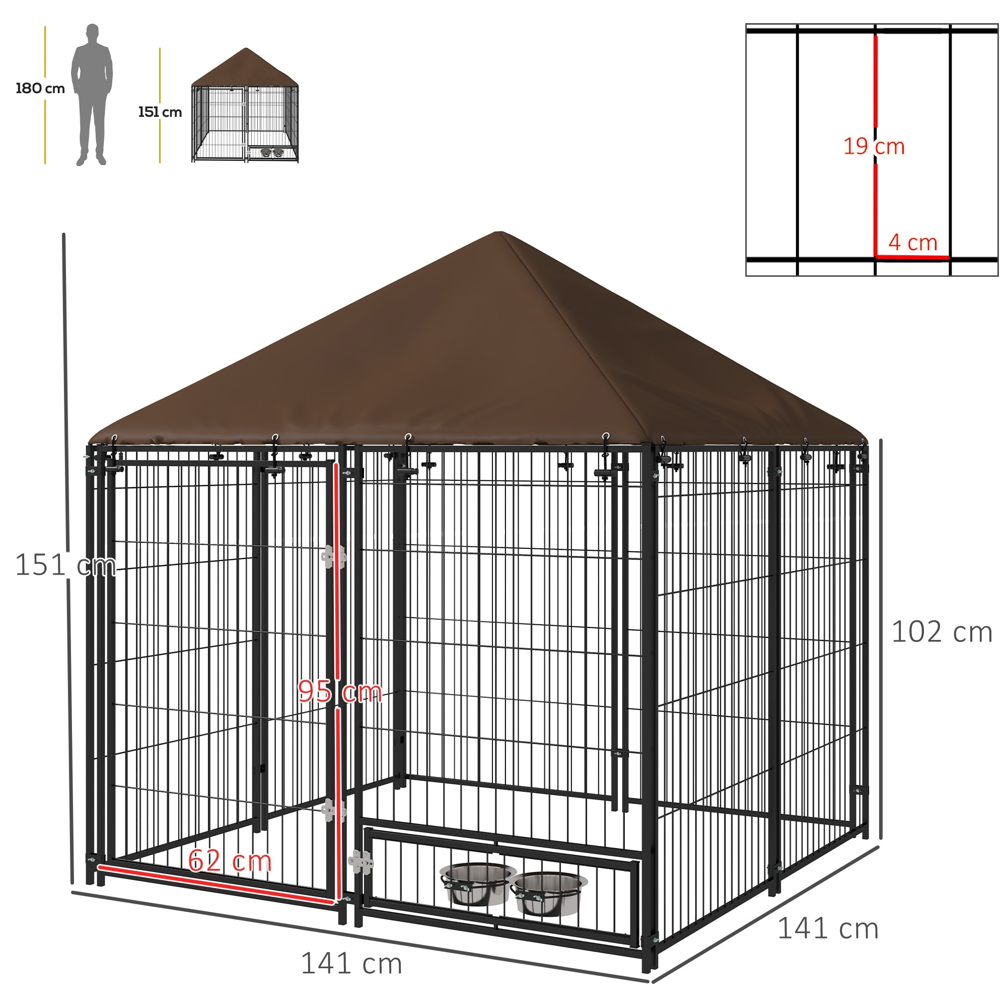 Chenil extérieur pour chiens en métal et tissu oxford avec support gamelle et toit résistant aux intempéries espace spacieux 141L x 141l x 151H cm noir