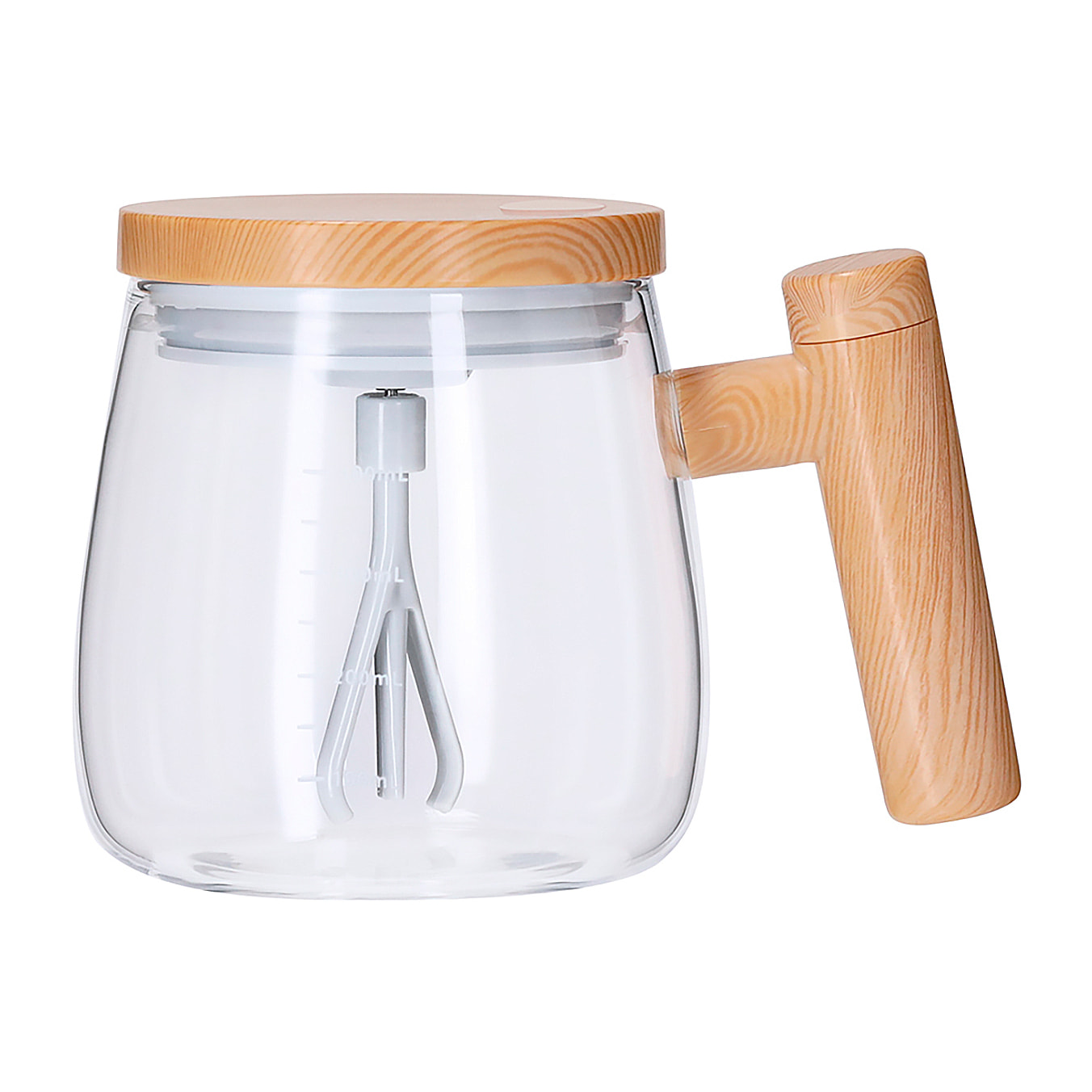 Taza mezcladora en resistente cristal de borosilicato de 400ml de capacidad. Incluye tapadera con agitador eléctrico.