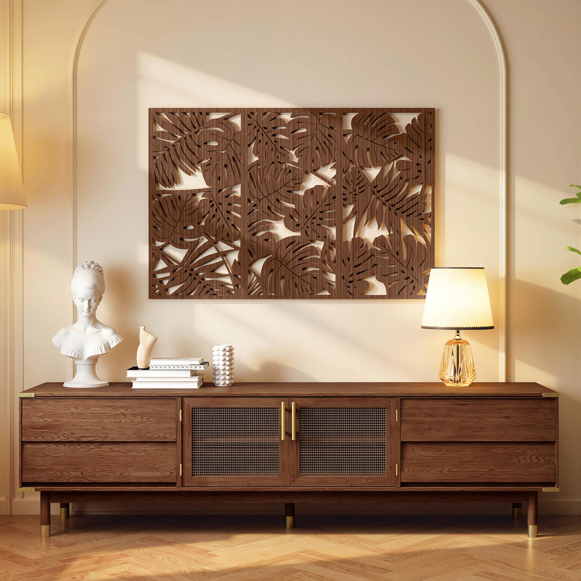 Decoración de Pared de Madera 3D, 3 Piezas, 40x80 cm, Adornos de Pared con Patrón de Hojas Tropicales, Arte Moderno para Salón, Dormitorio, Pasillo, Nogal