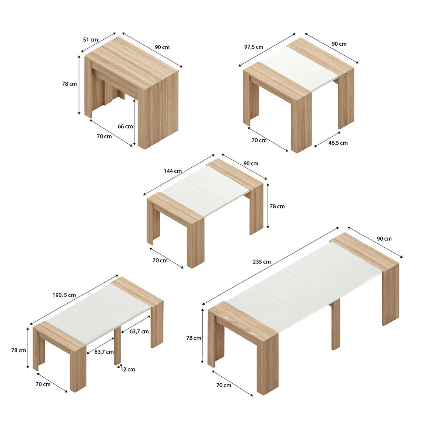 Mesa consola extensible en roble canadian y blanco artik 50-235x90 cm Denis Roble Canadian - Blanco Artik (Blanco Mate)