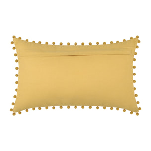 Coussin rectangulaire en coton déhoussable à pompons - Jaune moutarde