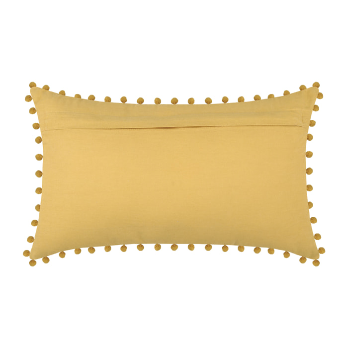 Coussin rectangulaire en coton déhoussable à pompons - Jaune moutarde