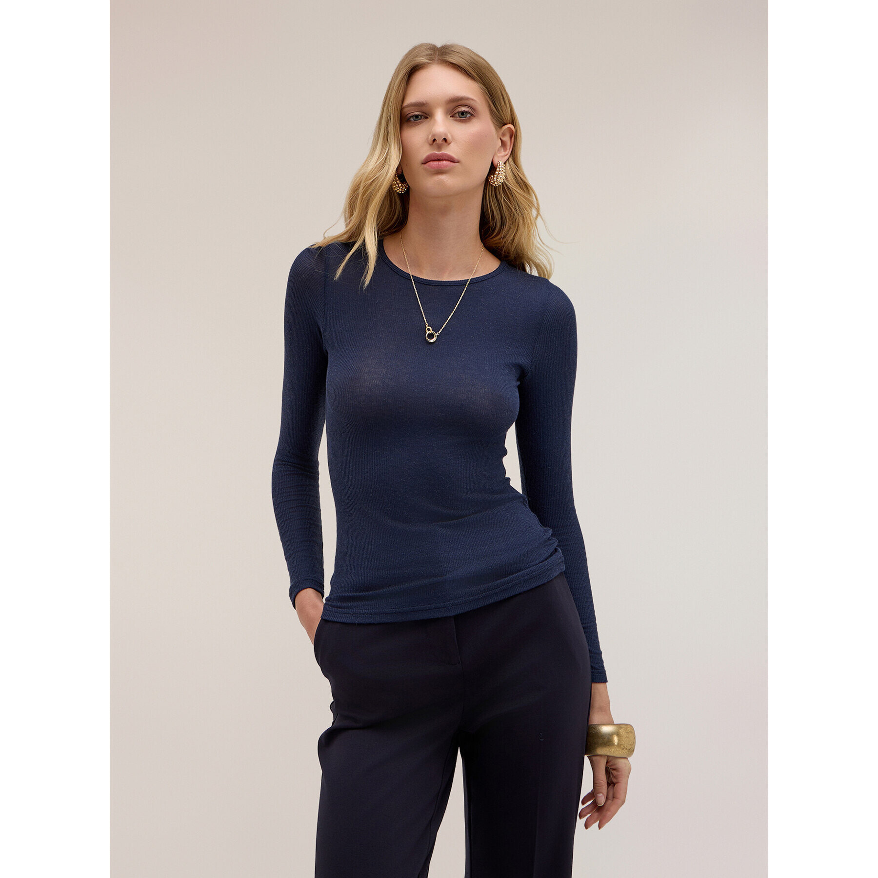 Motivi - T-shirt a coste in misto modal - Blu