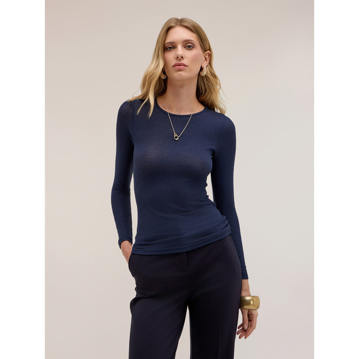 Motivi - T-shirt a coste in misto modal - Blu