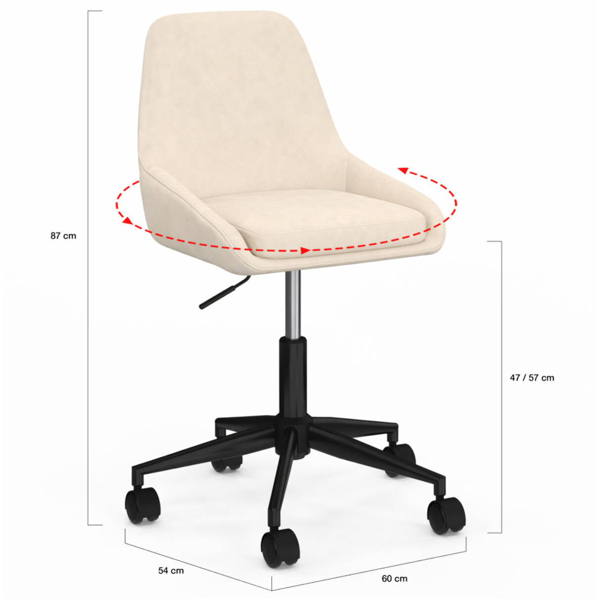 Fauteuil de bureau à roulettes Olivia velours crème