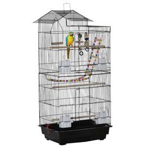 Cage à oiseaux volière dim. 46L x 36l x 100H cm - 4 mangeoires, 3 perchoirs, balançoire, 2 portes, 9 trappes, échelle, 2 jouets suspendus, plateau déjection - PP acier noir