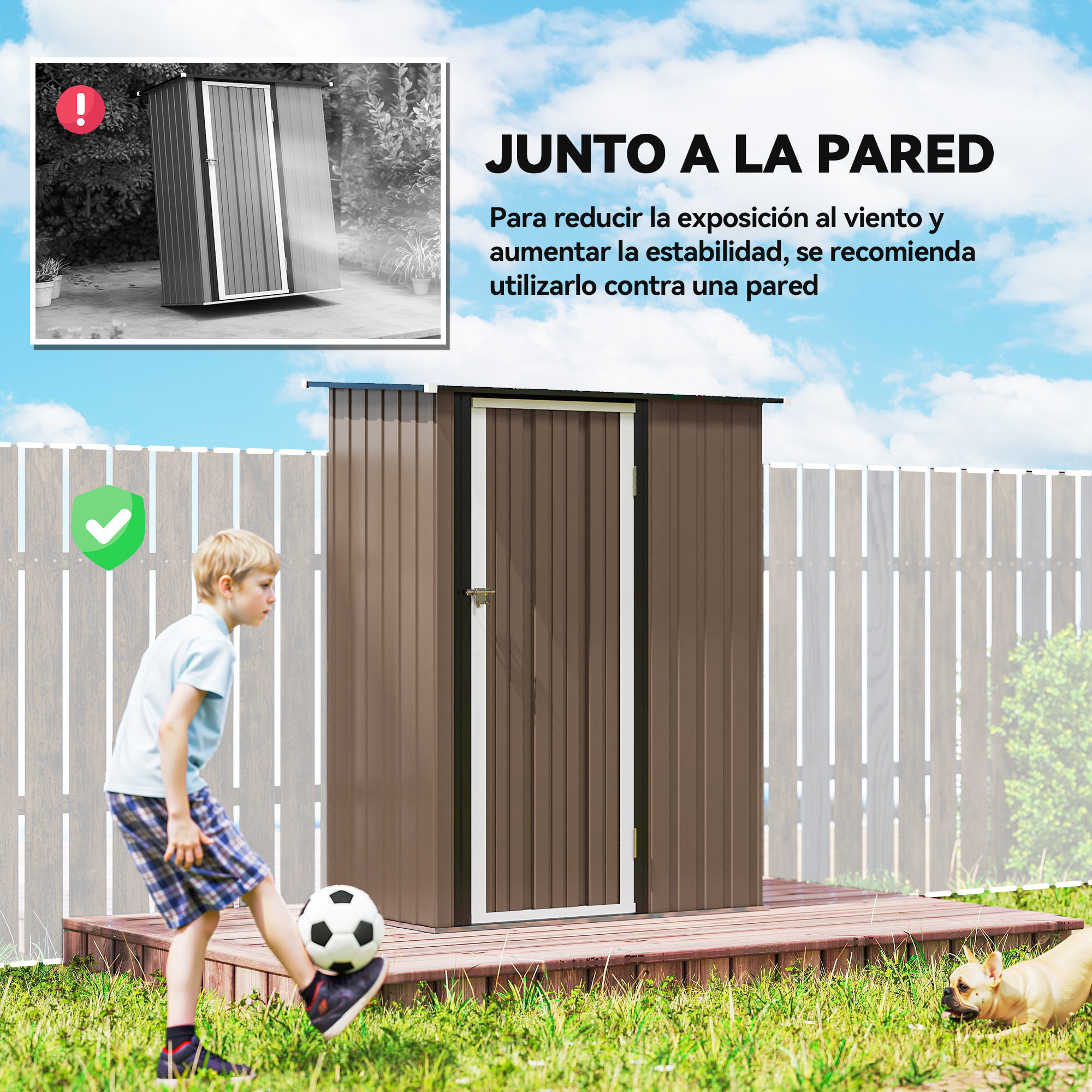 Caseta de Jardín 1,07 m² 142x86x189 cm Cobertizo Exterior Metálico con Puerta Cerradura y Orificios de Drenaje para Almacenamiento de Herramientas Marrón