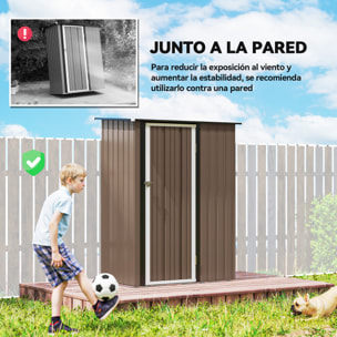 Caseta de Jardín 1,07 m² 142x86x189 cm Cobertizo Exterior Metálico con Puerta Cerradura y Orificios de Drenaje para Almacenamiento de Herramientas Marrón