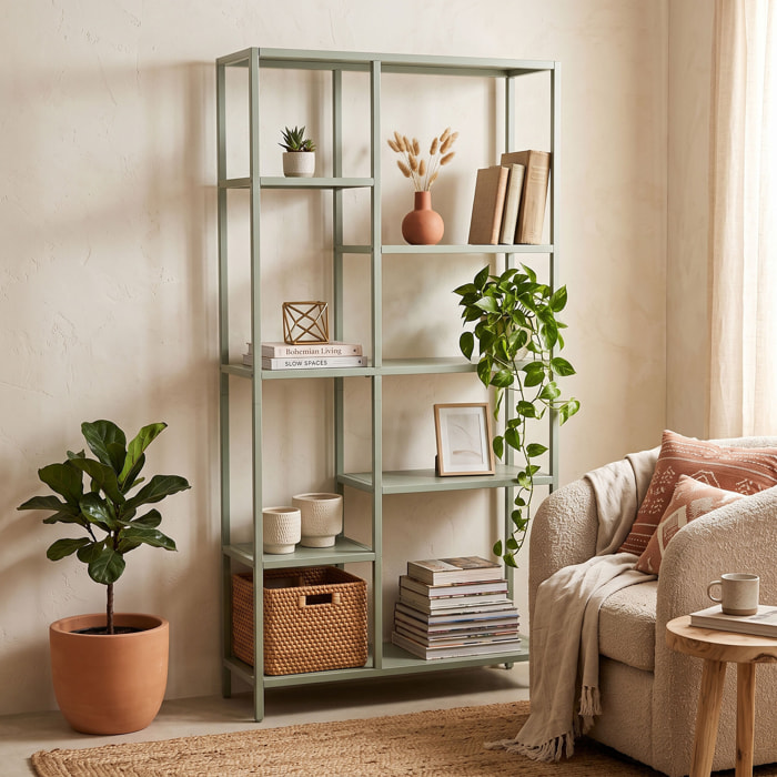 Padma - Libreria Freestanding a 6 Ripiani 80x163,5x30 cm Scaffale per Soggiorno, Ufficio in Metallo Salvia