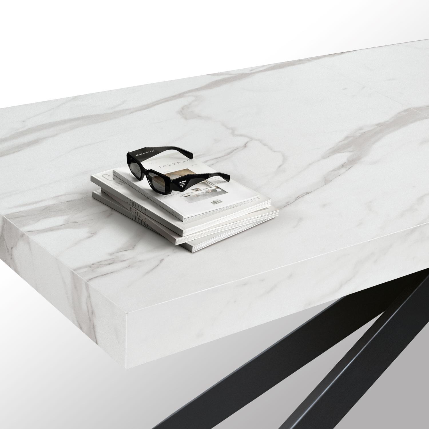 Tavolo CAMAIORE in legno, finitura bianco statuario e gambe a X in metallo nero, allungabile 140x90 cm - 220x90 cm