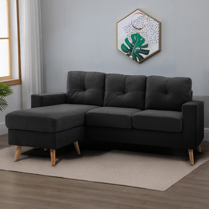 Canapé d'angle 3 places design scandinave - dossier effet capitonné, repose-pied amovible - piètement bois tissu noir