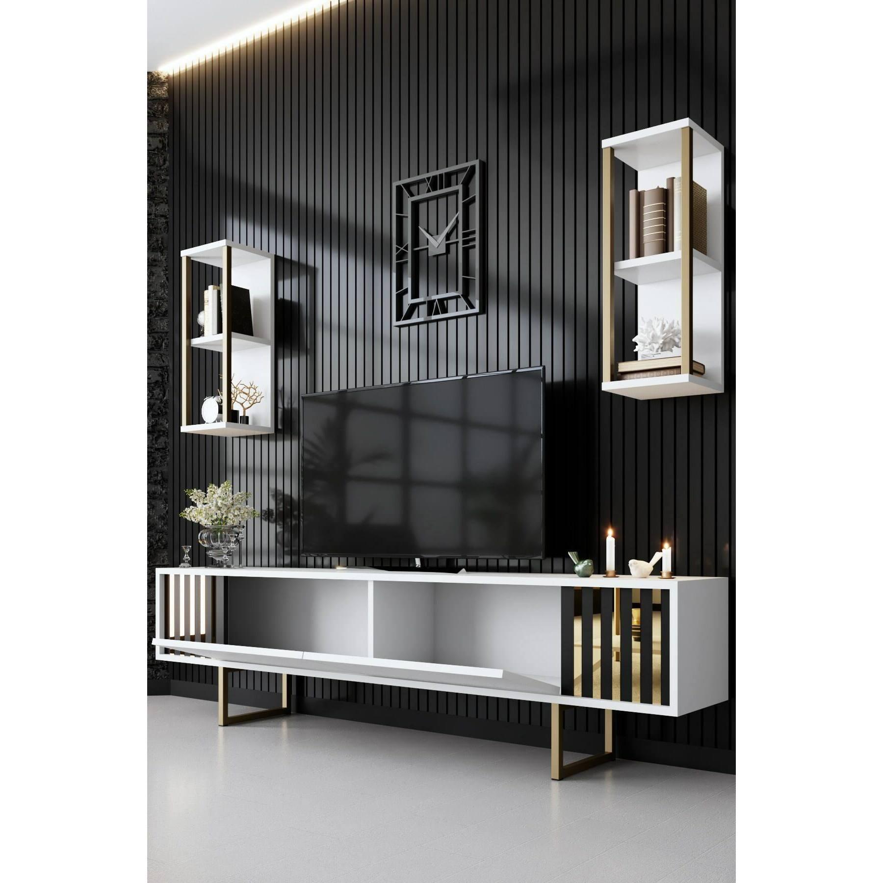 Mobile porta TV Dliveran, Credenza da soggiorno, Armadio basso per TV, Base parete attrezzata, 180x30h48 cm, Bianco e Nero