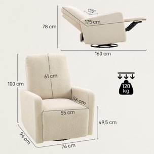 Fauteuil relax design bouclette - fauteuil inclinable pivotant repose-pieds intégré - beige