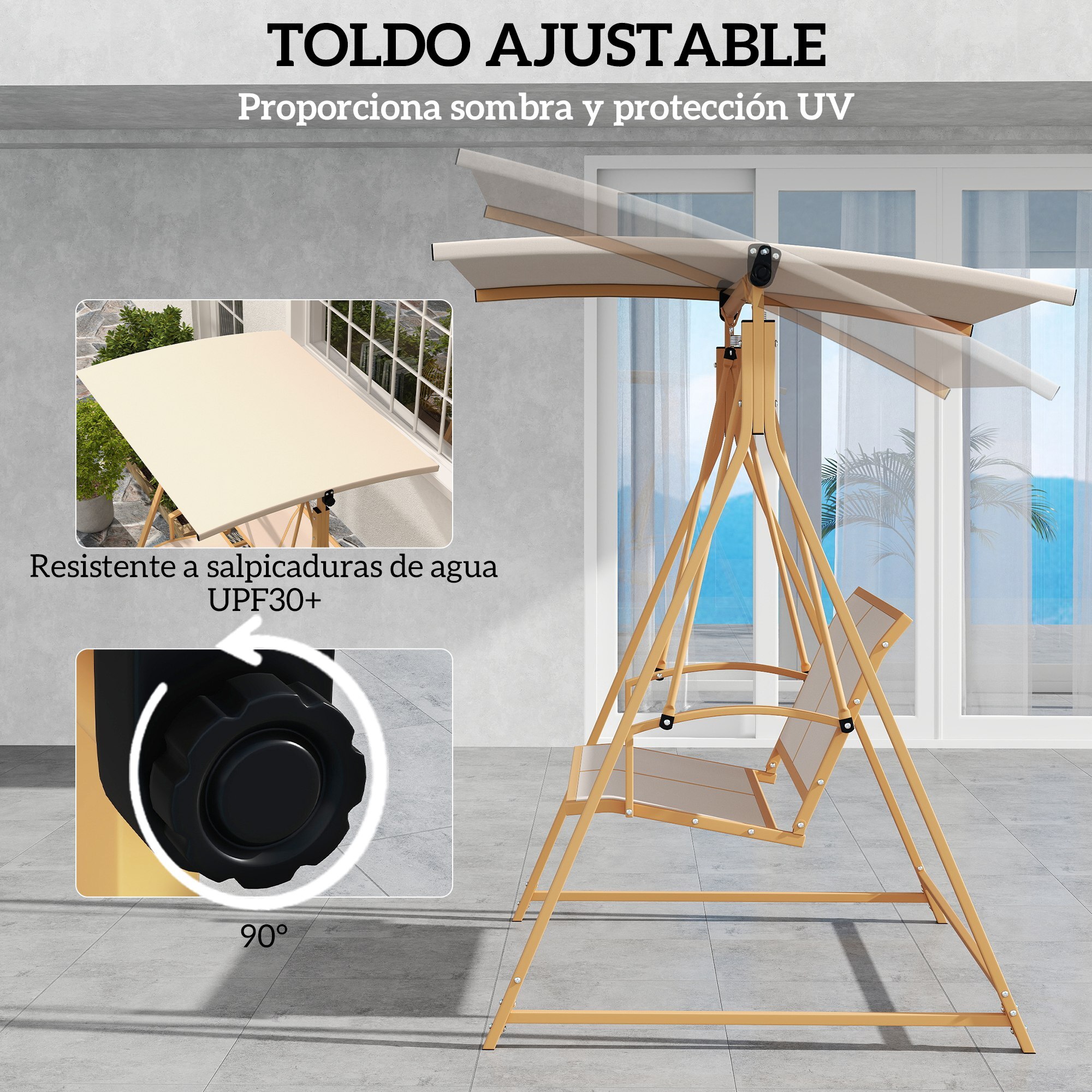 Columpio de Jardín Exterior de 2 Plazas Balancín de Jardín Exterior con Toldo Ajustable 90° Protección UV 30+ y Estructura Triangular de Metal Carga 220 kg 160x112x162 cm Caqui