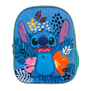 Stitch Tropical Mochila Preescolar 3D. Bolsillo lateral. Espaldera acolchada.