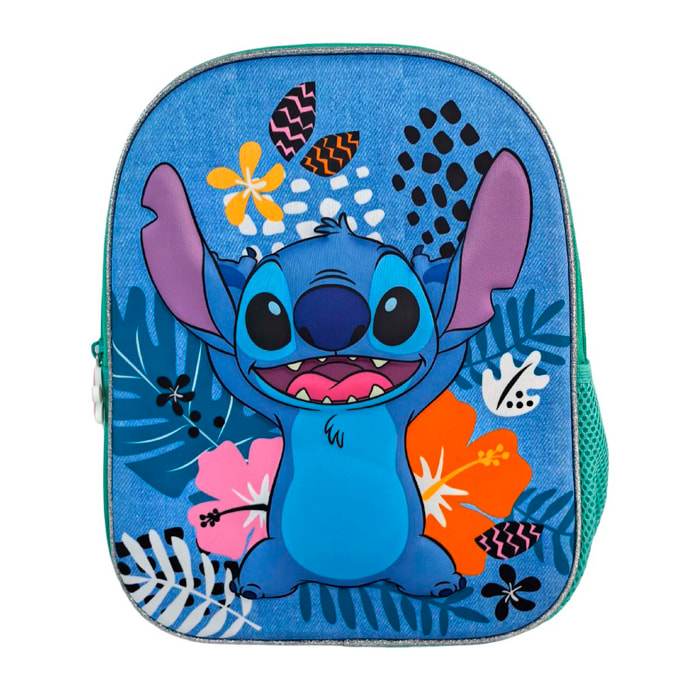 Stitch Tropical Mochila Preescolar 3D. Bolsillo lateral. Espaldera acolchada.