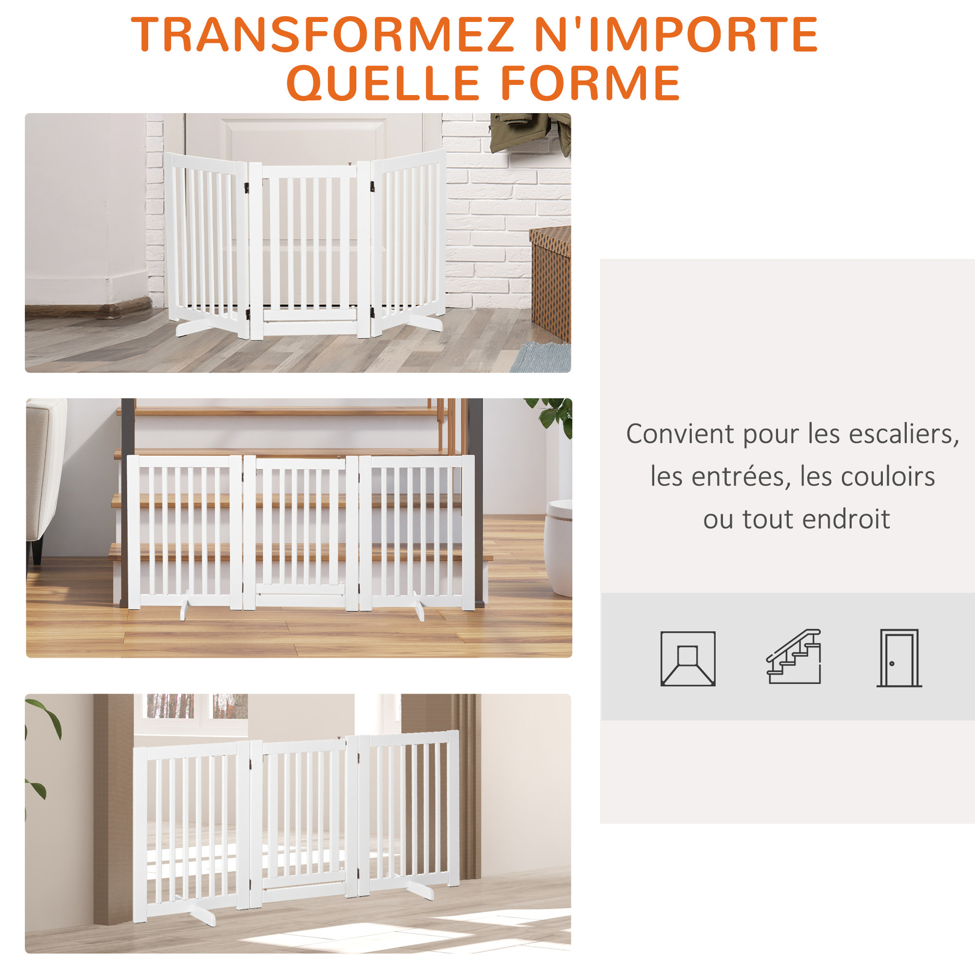 Barrière modulable pliable barrière de sécurité avec porte verrouillable intégrée dim. 155L x 35l x 76H cm MDF blanc