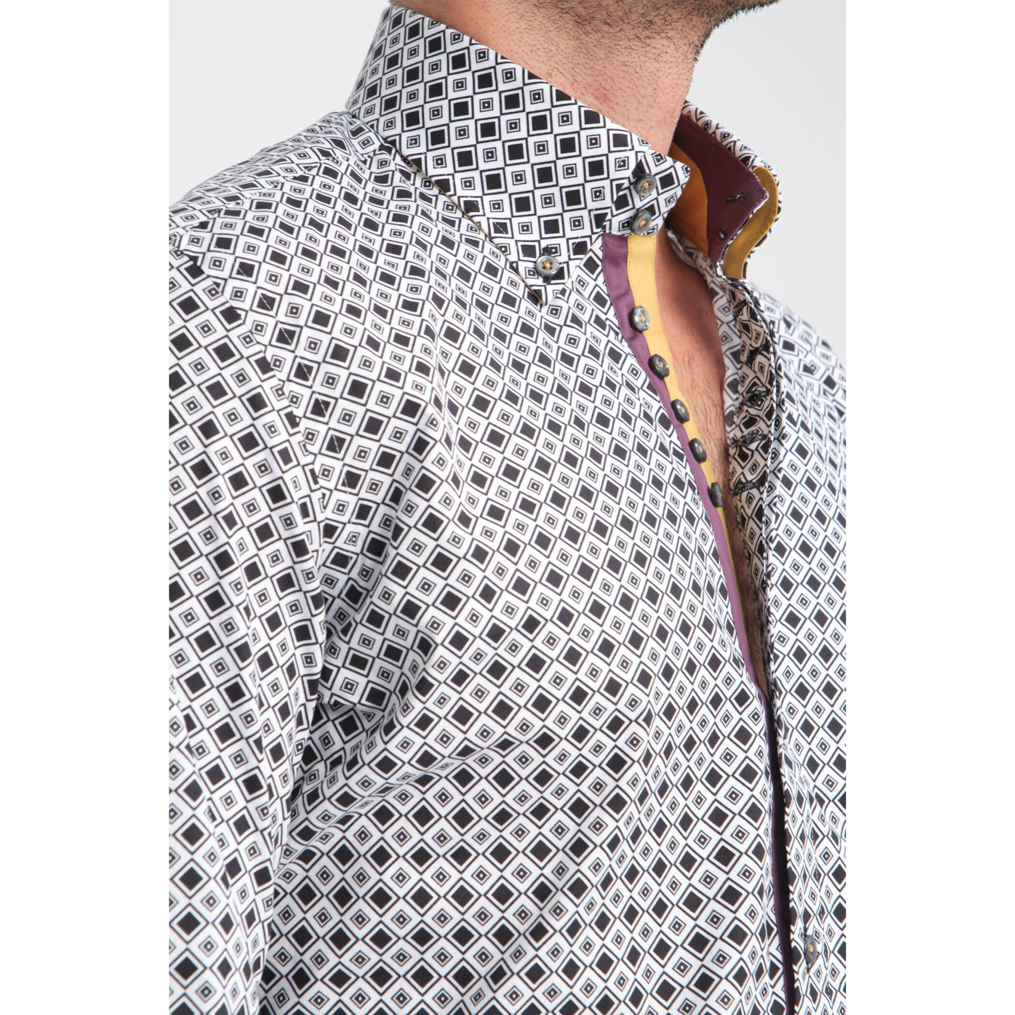 Camicia Uomo 2 Bottoni Button Down Slim Popeline Stretch Stampato Bianco/Nero