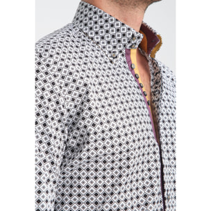 Camicia Uomo 2 Bottoni Button Down Slim Popeline Stretch Stampato Bianco/Nero