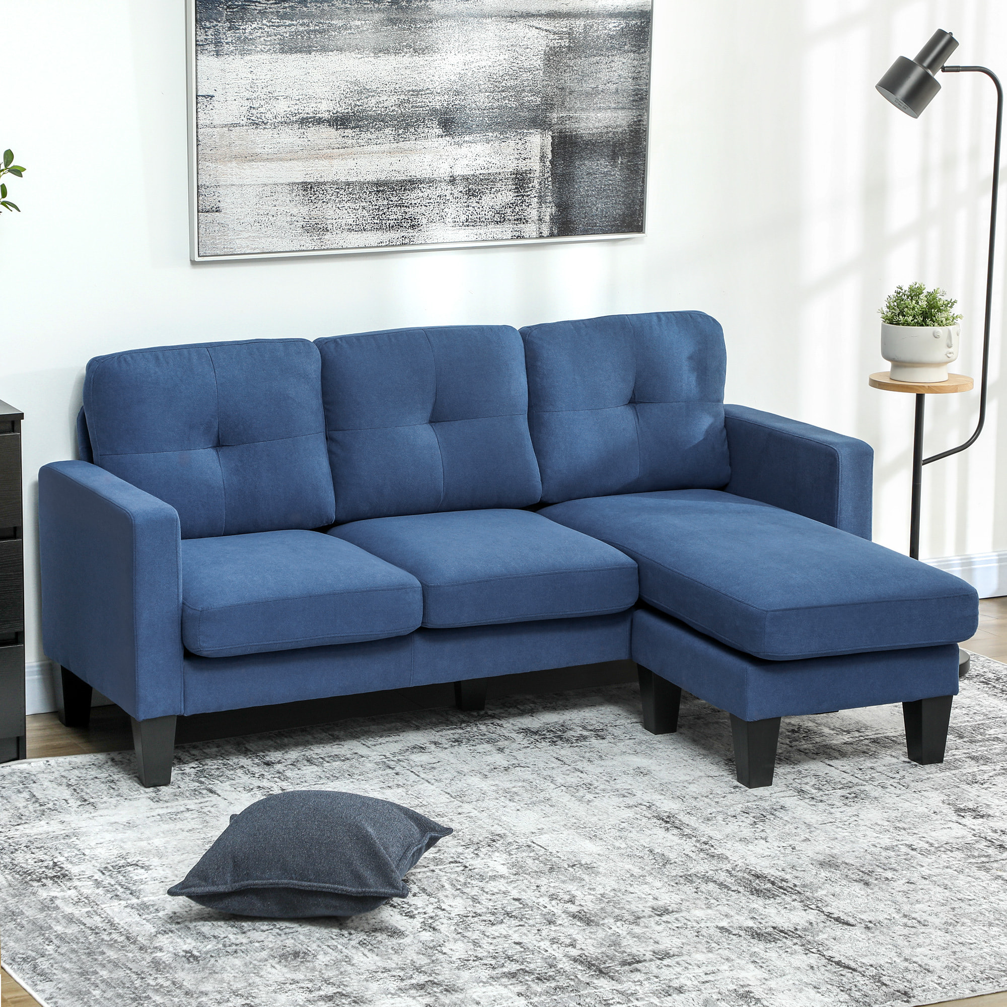 Canapé d'angle 3 places méridienne réversible garnissage mousse haute densité tissu aspect lin bleu