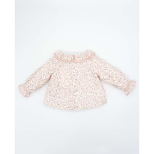 Blusa con volante cuello flores rosas y blanco